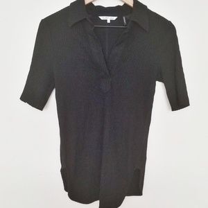 Helmut Lang Black Ribbed Collared Stretch Top